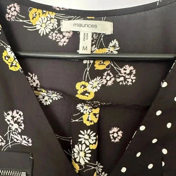 Maurice’s zipper pocket, mixed print, wrap front blouse.  Floral and polka dot. - Picture 4 of 12